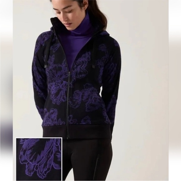 Tall Athleta Triumph Hoodie Jacket Black Astral Bloom Purple Floral Small - Picture 2 of 12